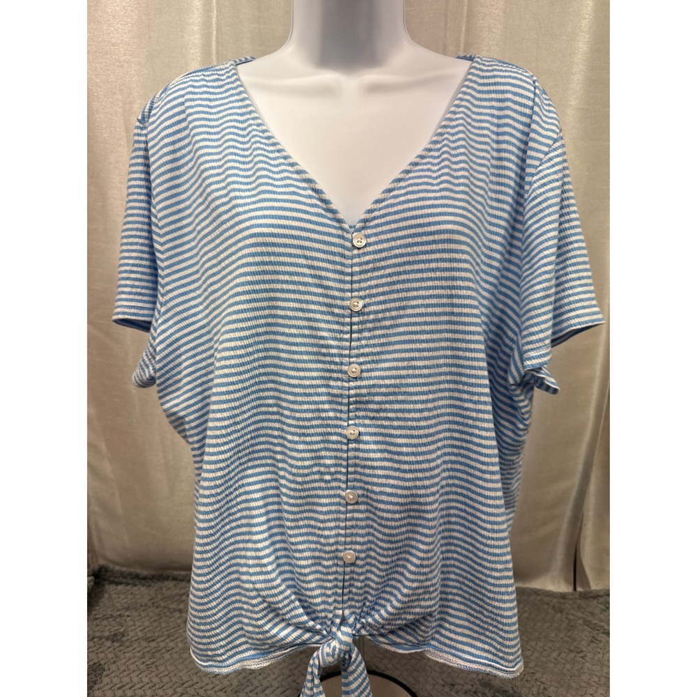 Talbots Womens XL Blue White Striped Ribbed Knit Button Front Tie Hem Top Casual
